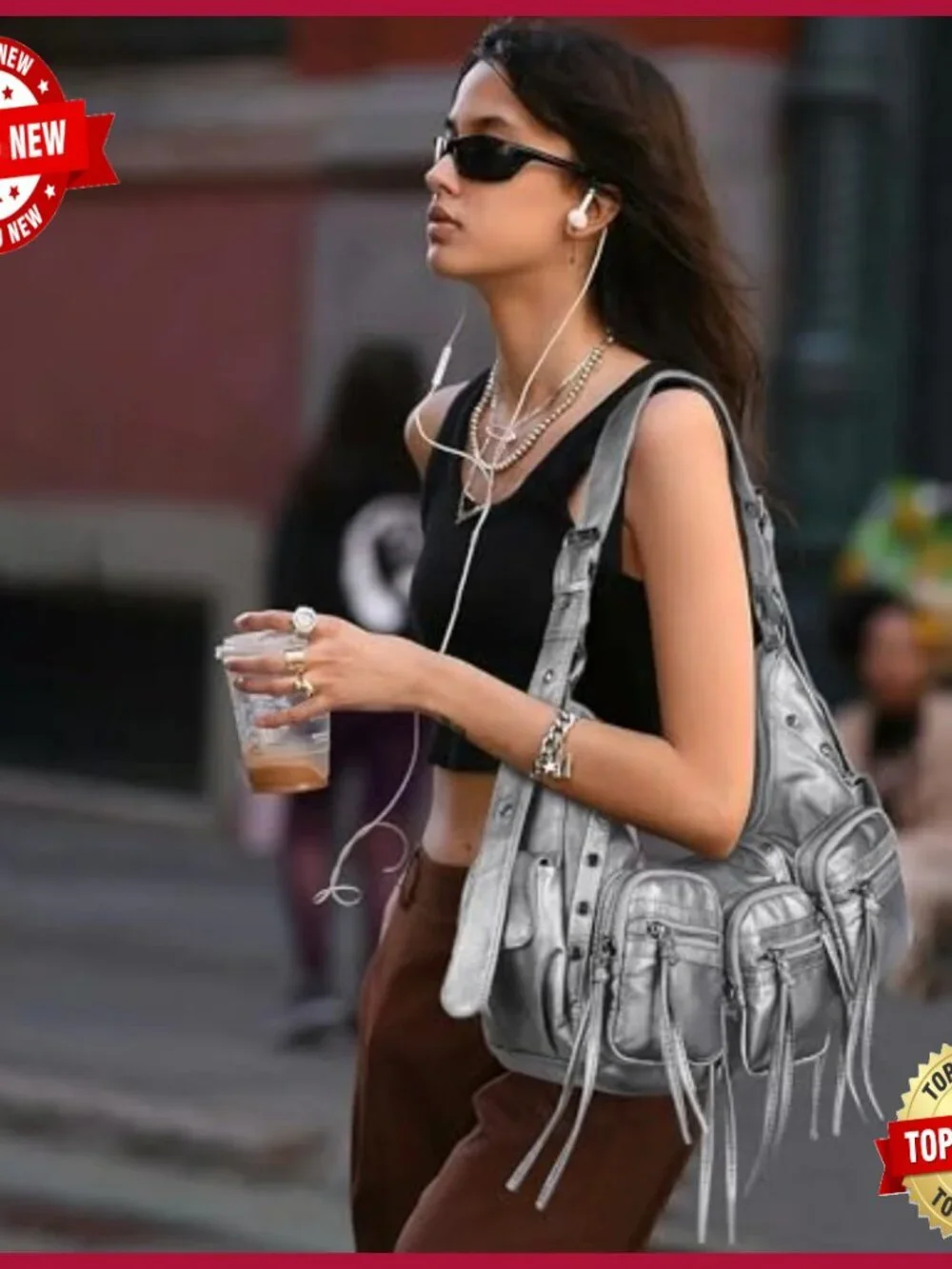 Y2K Vegan Leather Hobo Shoulder Bag with Studs Multi Pockets Satchel Handbag